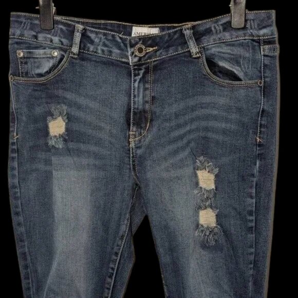 American Blue Straight Leg Mid Rise Distress Medium Wash Rinse Denim Jeans Pants - Picture 3 of 6